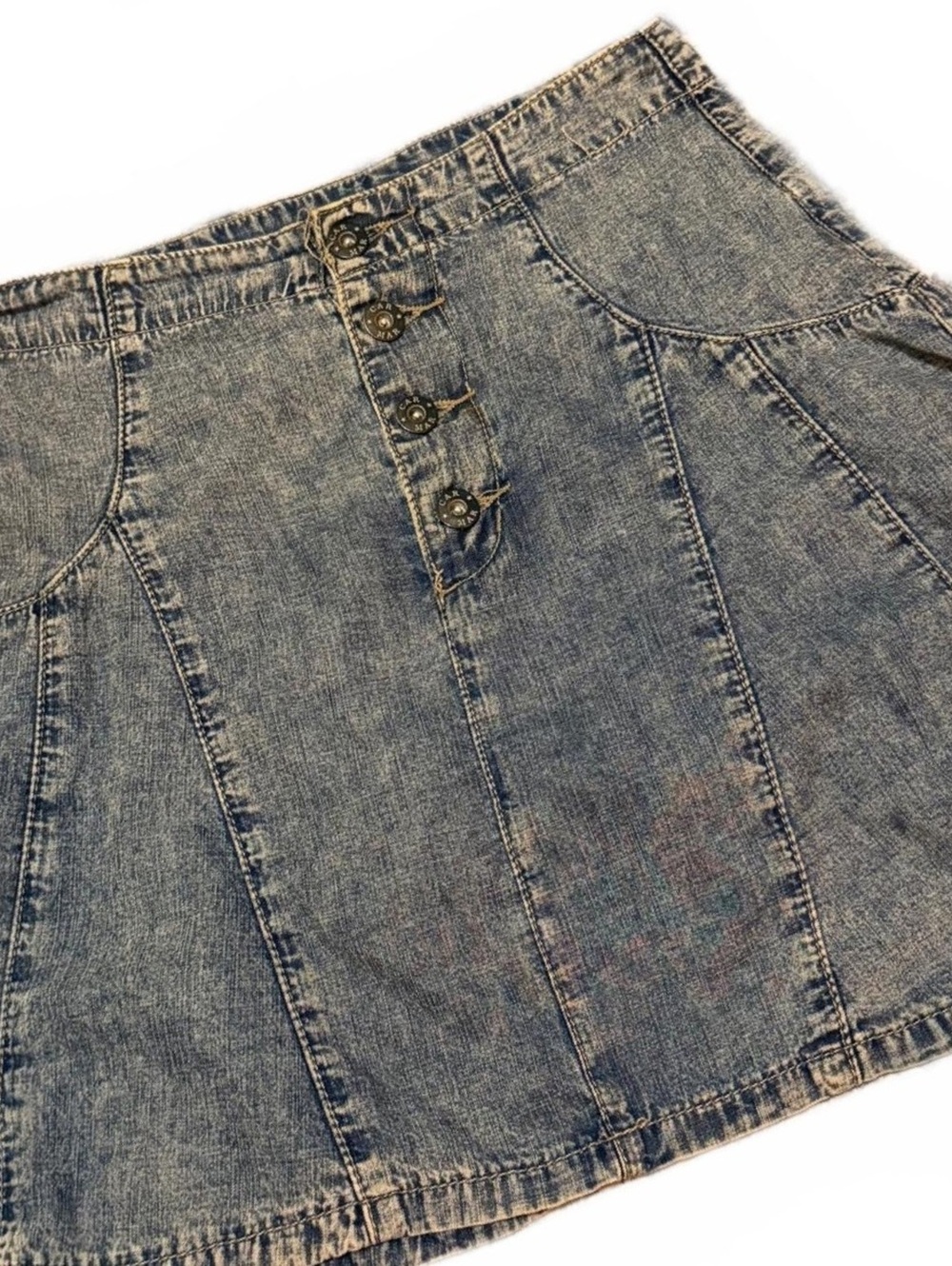 Blue Acid Wash Denim Mini Skirt Paneled Button Detail Y2K waist 26”